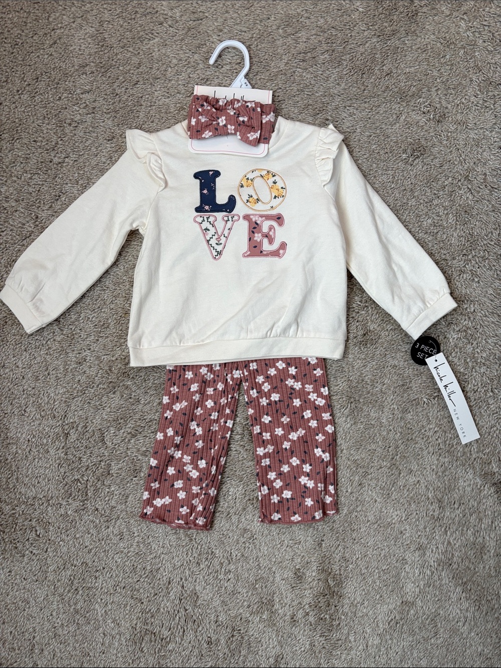 Nicole Miller Cream "LOVE" Top with Rose Floral Ribbed Pants & Headband